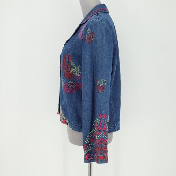 Coldwater Creek Jacket Womens Small Blue Embroidered Cotton Denim Jean Snaps - Picture 15 of 16